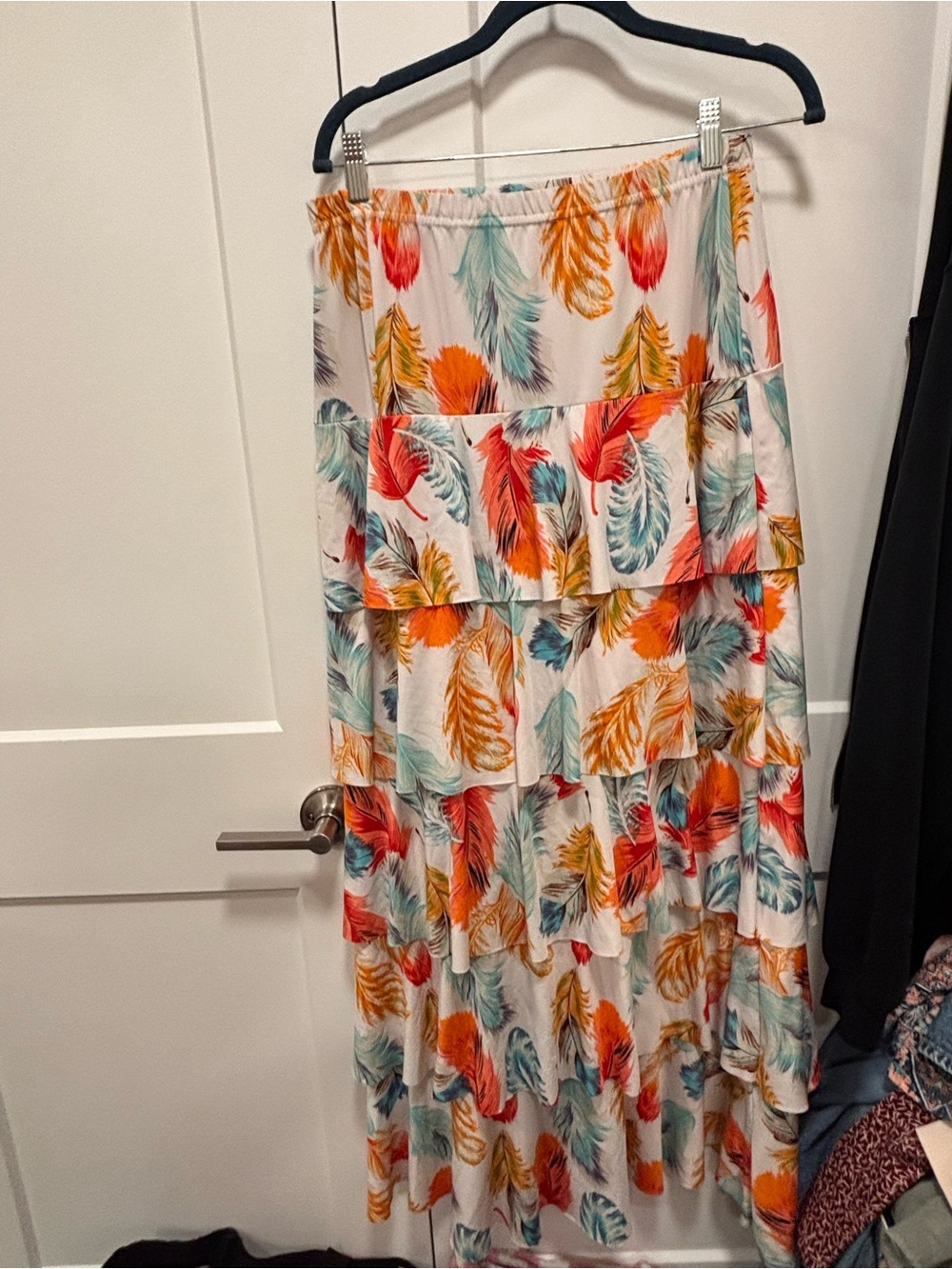 Tiered Feather-Print Maxi Skirt - White with Orange, Teal & Red Feathers
